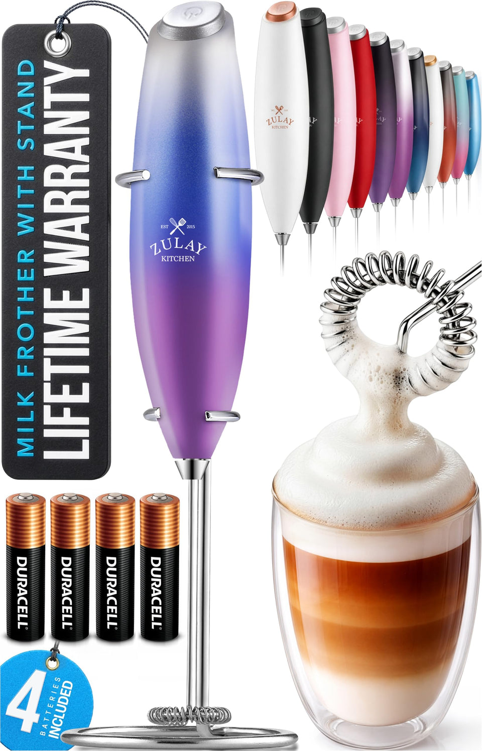 Zulay Kitchen milk frother wand in action, delivering cafe-quality foam for coffee