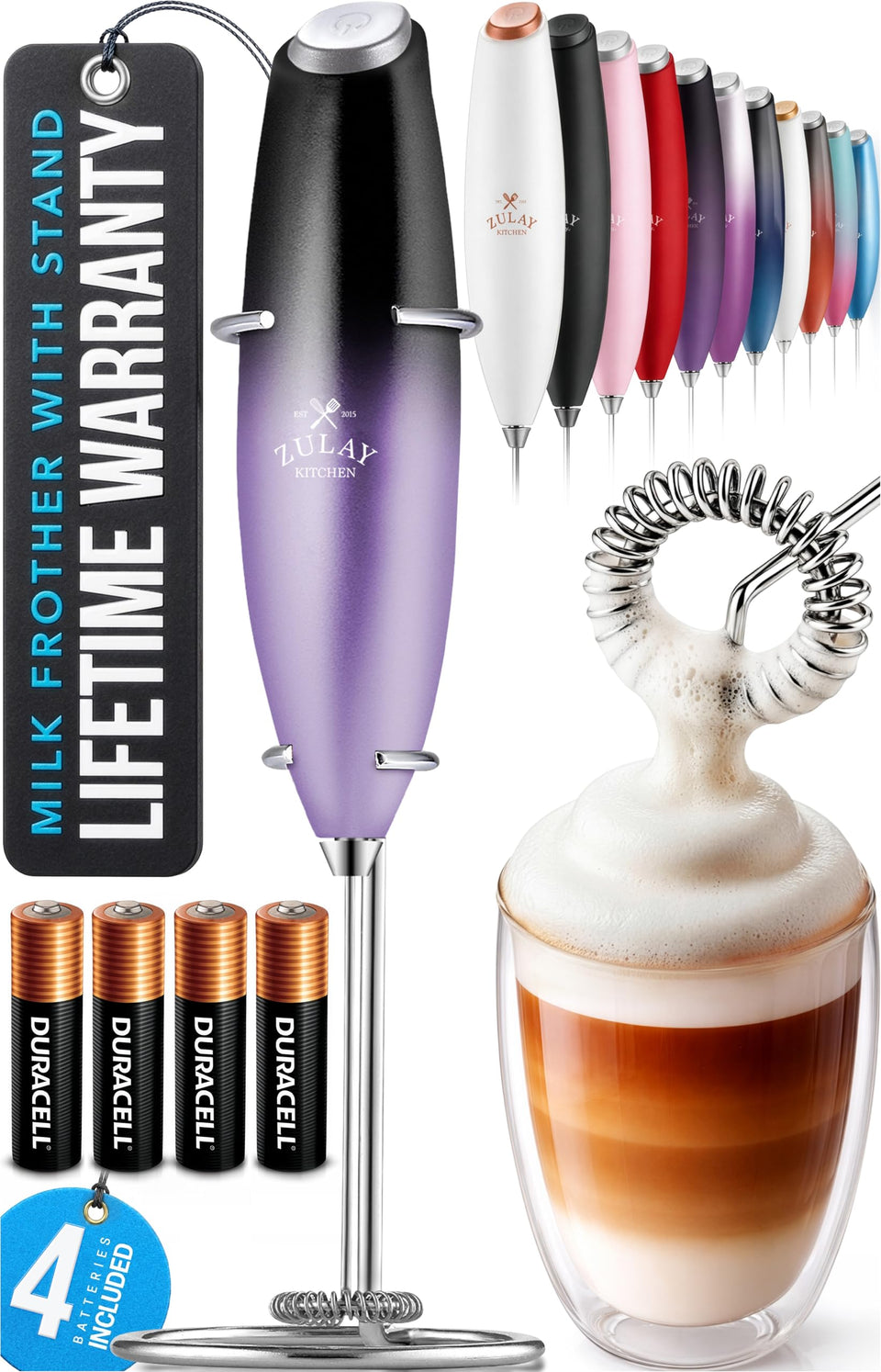 Zulay Kitchen Galaxy milk frother wand foams rich latte milk