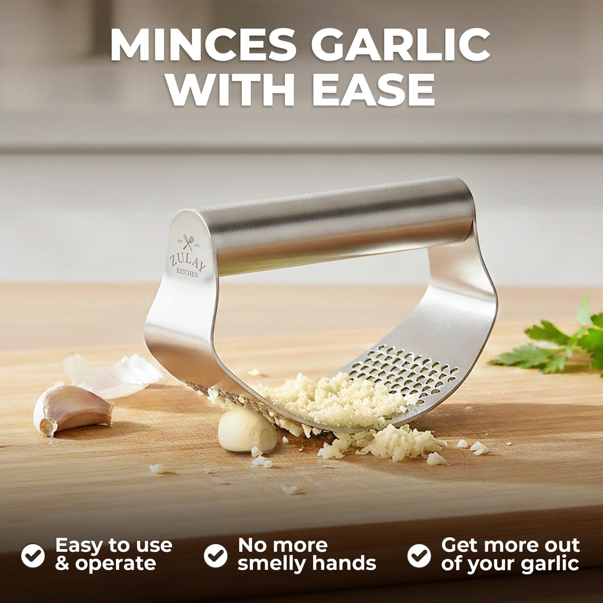 Zulay Kitchen garlic rocker in action delivers effortless mincing with steady leverage.