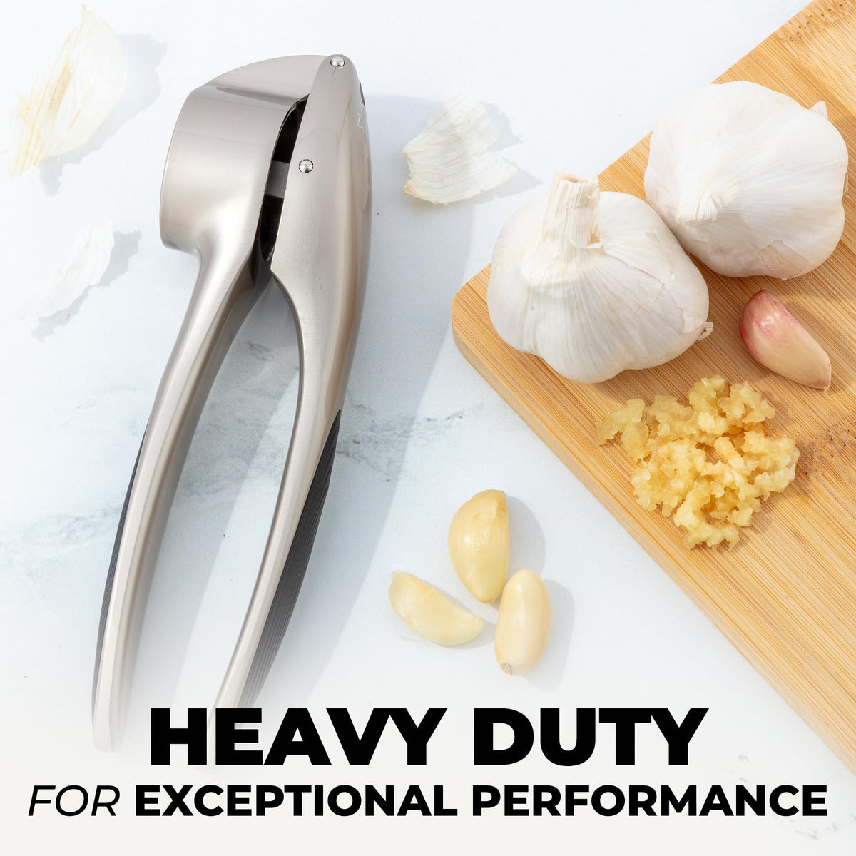 Zulay Kitchen large-capacity garlic press chamber accommodates multiple cloves for faster prep