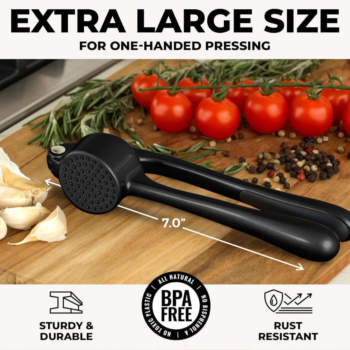 Zulay Kitchen garlic press with cleaning brush for quick cleanup after cooking