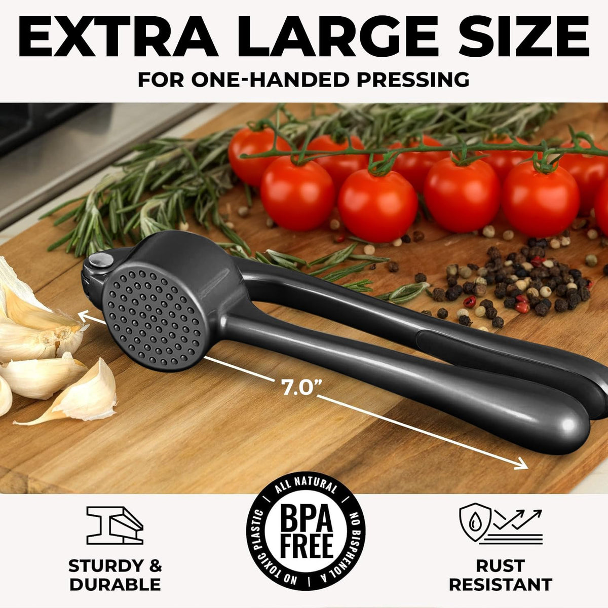 Zulay Kitchen garlic press in use with ergonomic handle for effortless mincing