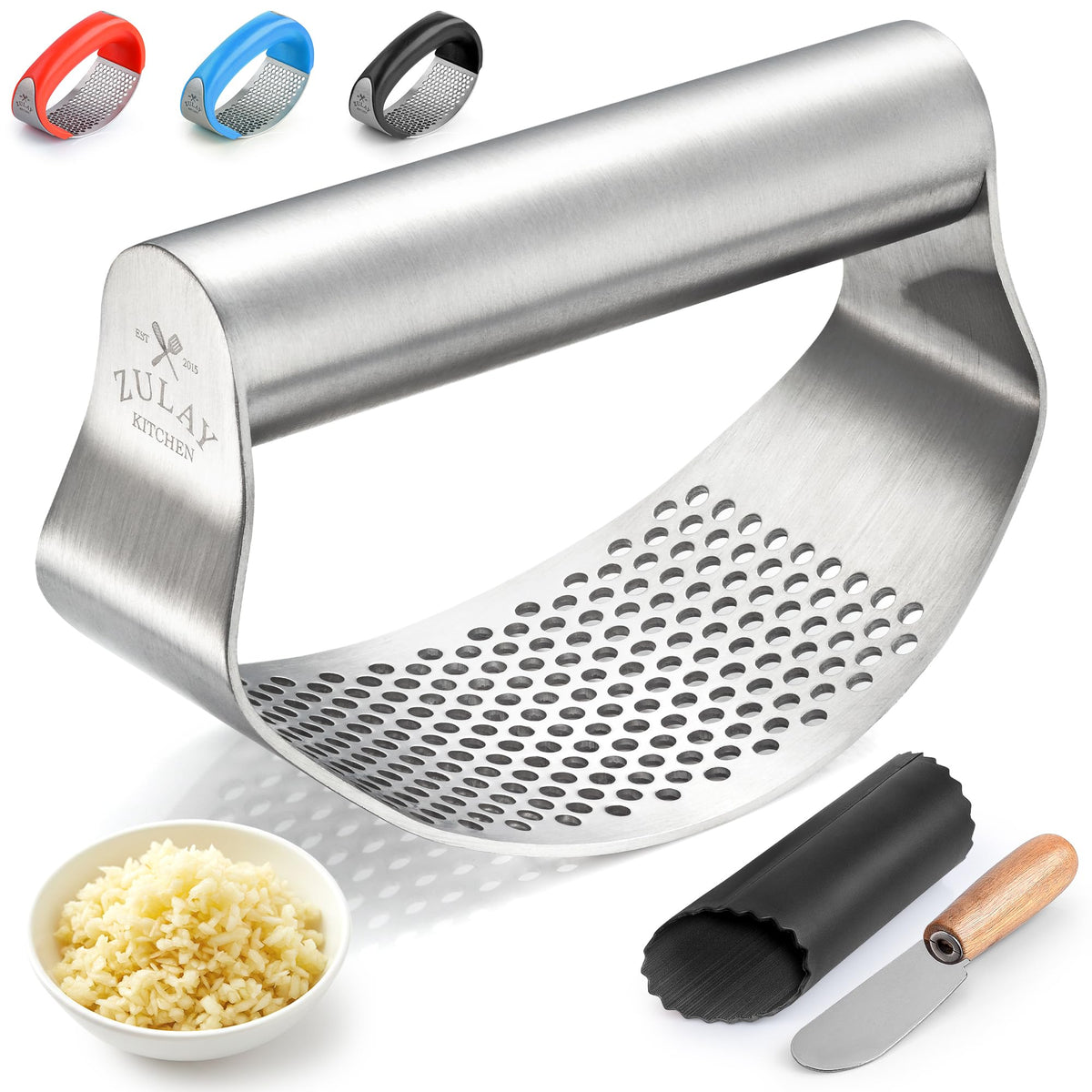 Zulay Kitchen garlic press rocker close-up shows durable stainless steel for lasting performance.