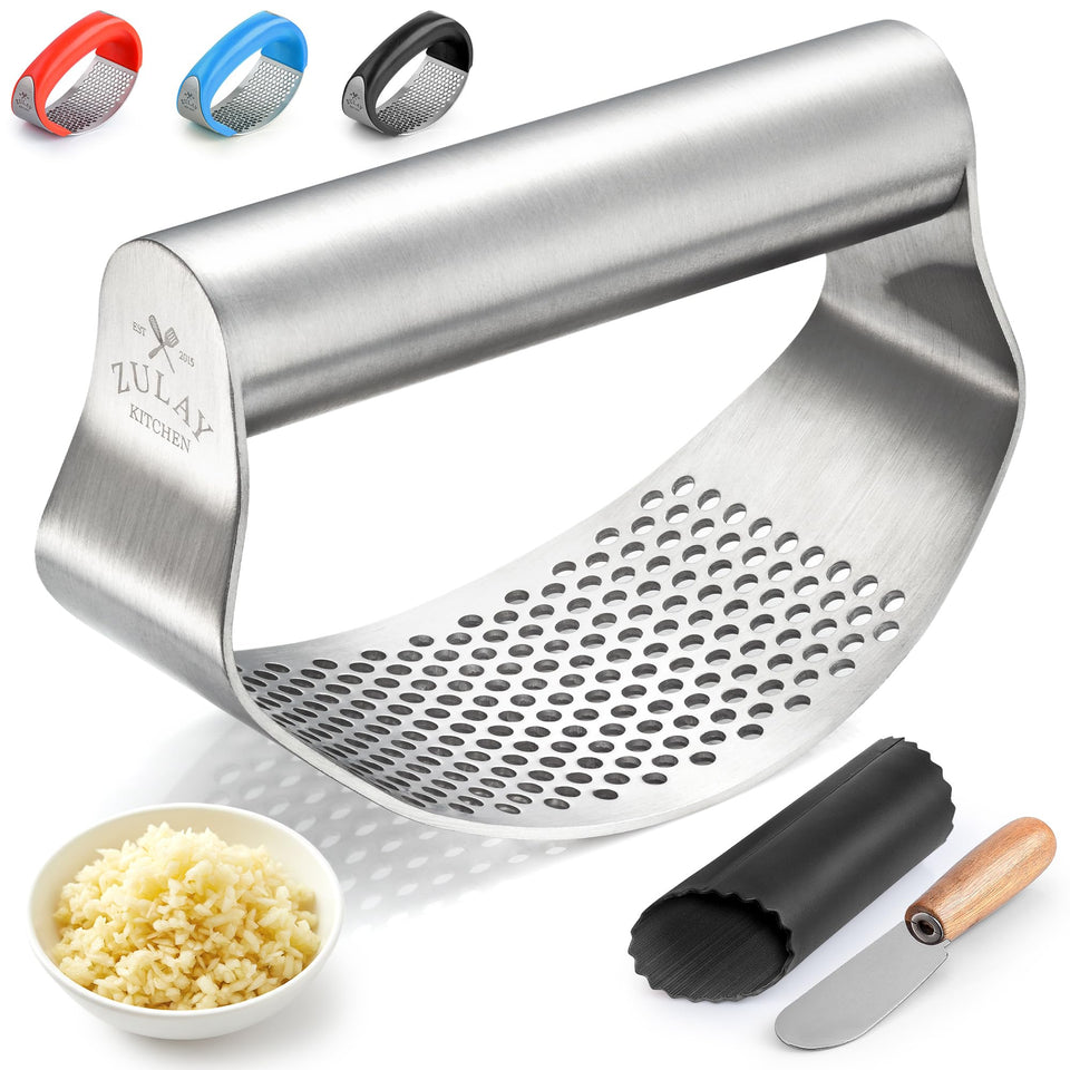 Zulay Kitchen garlic press rocker close-up shows durable stainless steel for lasting performance.