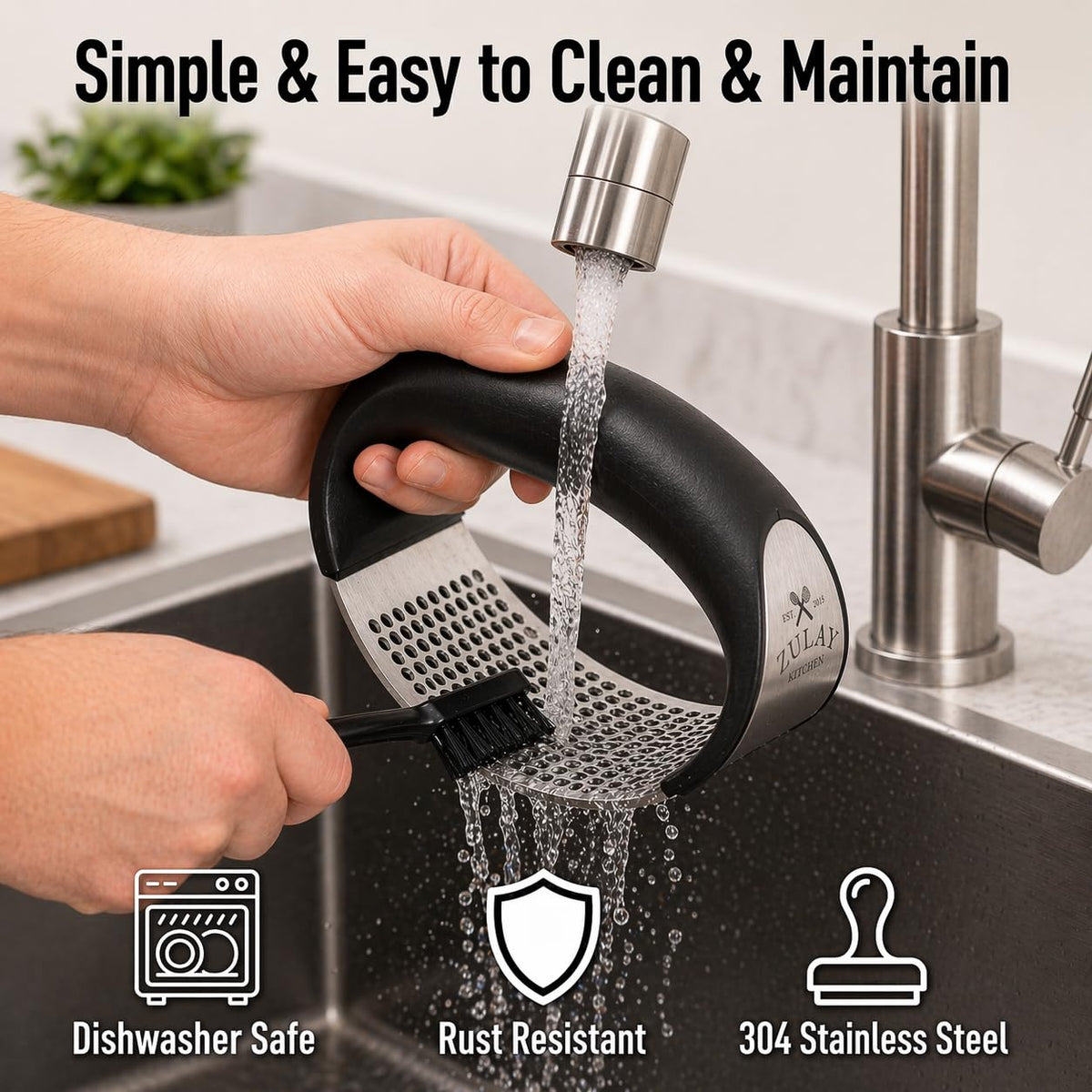 Zulay Kitchen garlic press rocker backed by a lifetime warranty.