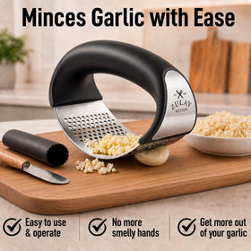 Zulay Kitchen garlic press rocker includes a peeler for quick prep.