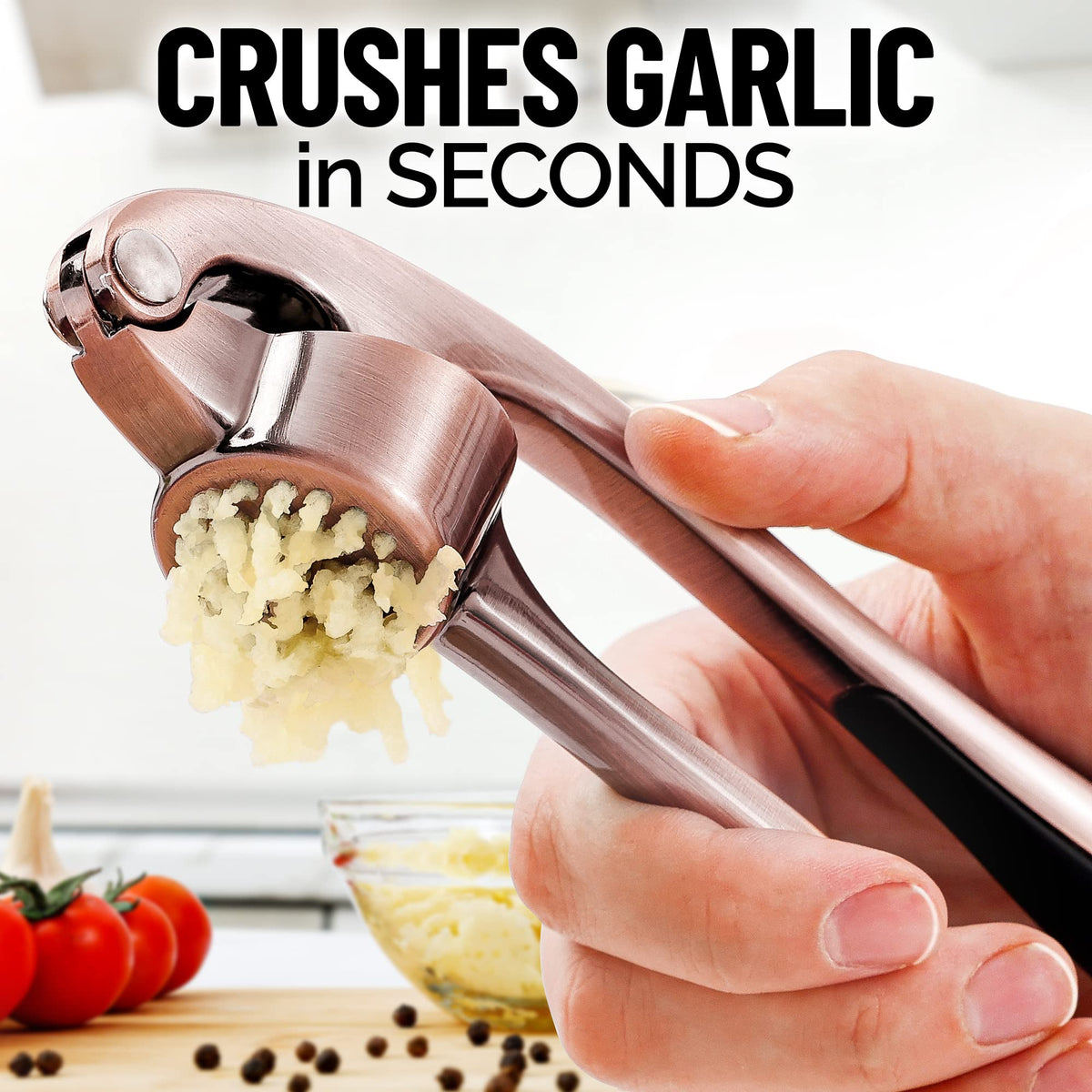 Zulay garlic press crushing unpeeled cloves for quick prep