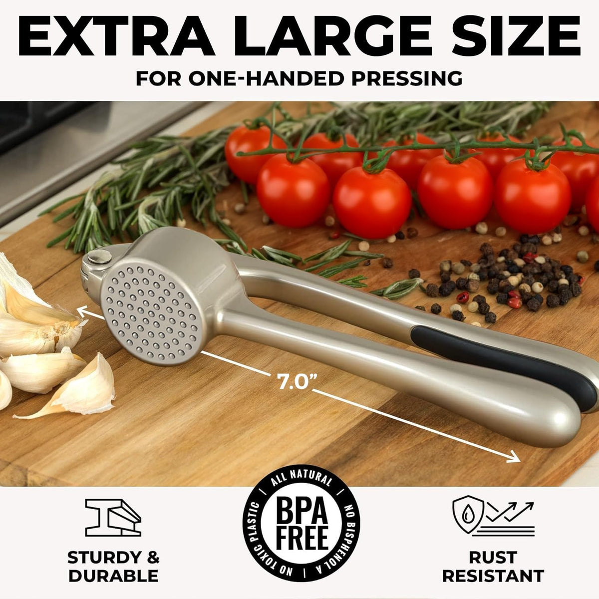Zulay Kitchen garlic press with built-in studs for fast paste extraction.