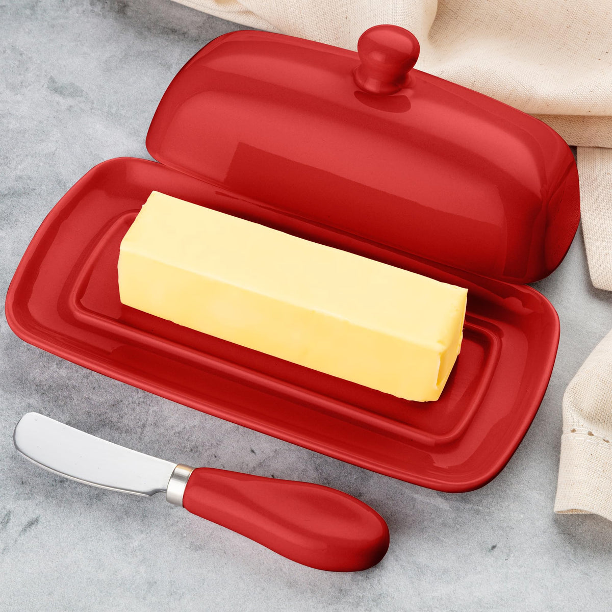 Zulay Kitchen gift-ready butter dish with elegant red ceramic design.
