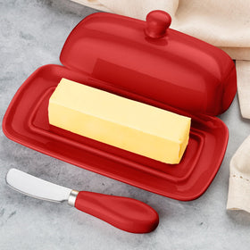 Zulay Kitchen gift-ready butter dish with elegant red ceramic design.