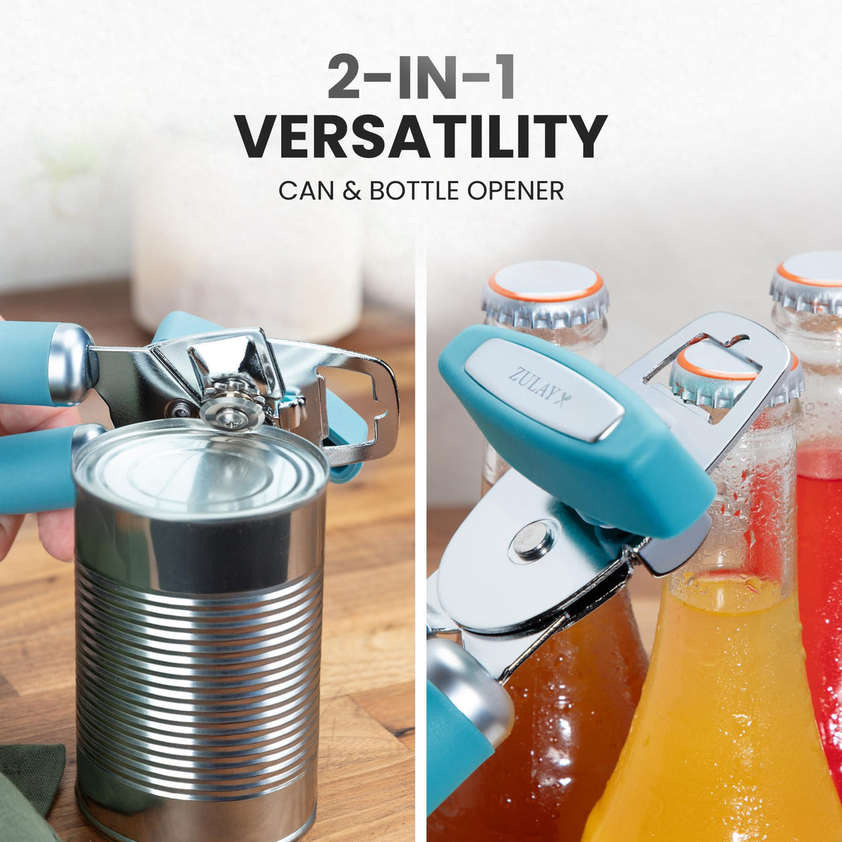 Zulay Kitchen hand washing recommended text with dusty blue can opener