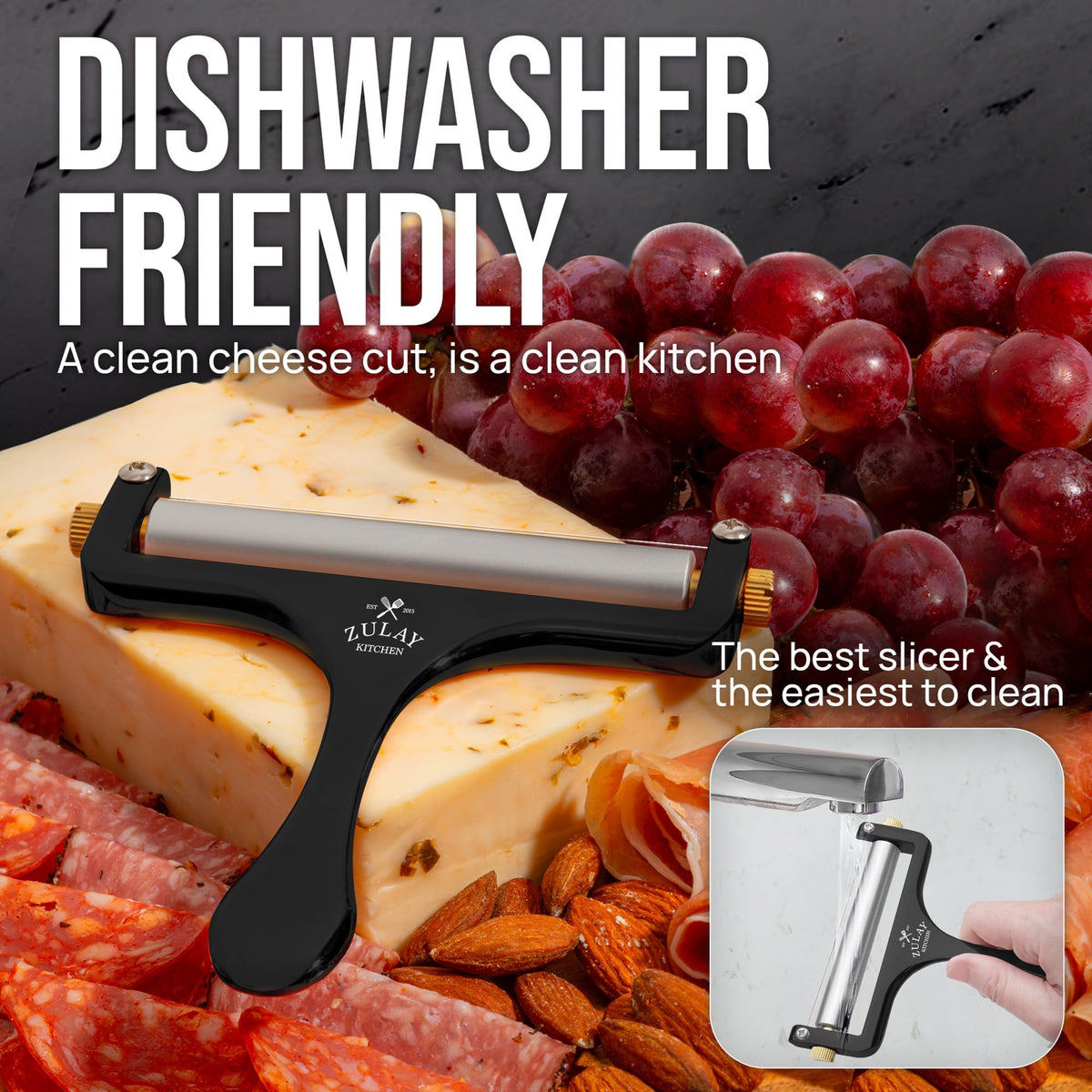 Zulay Kitchen ergonomic handheld cheese slicer delivers comfortable slicing.