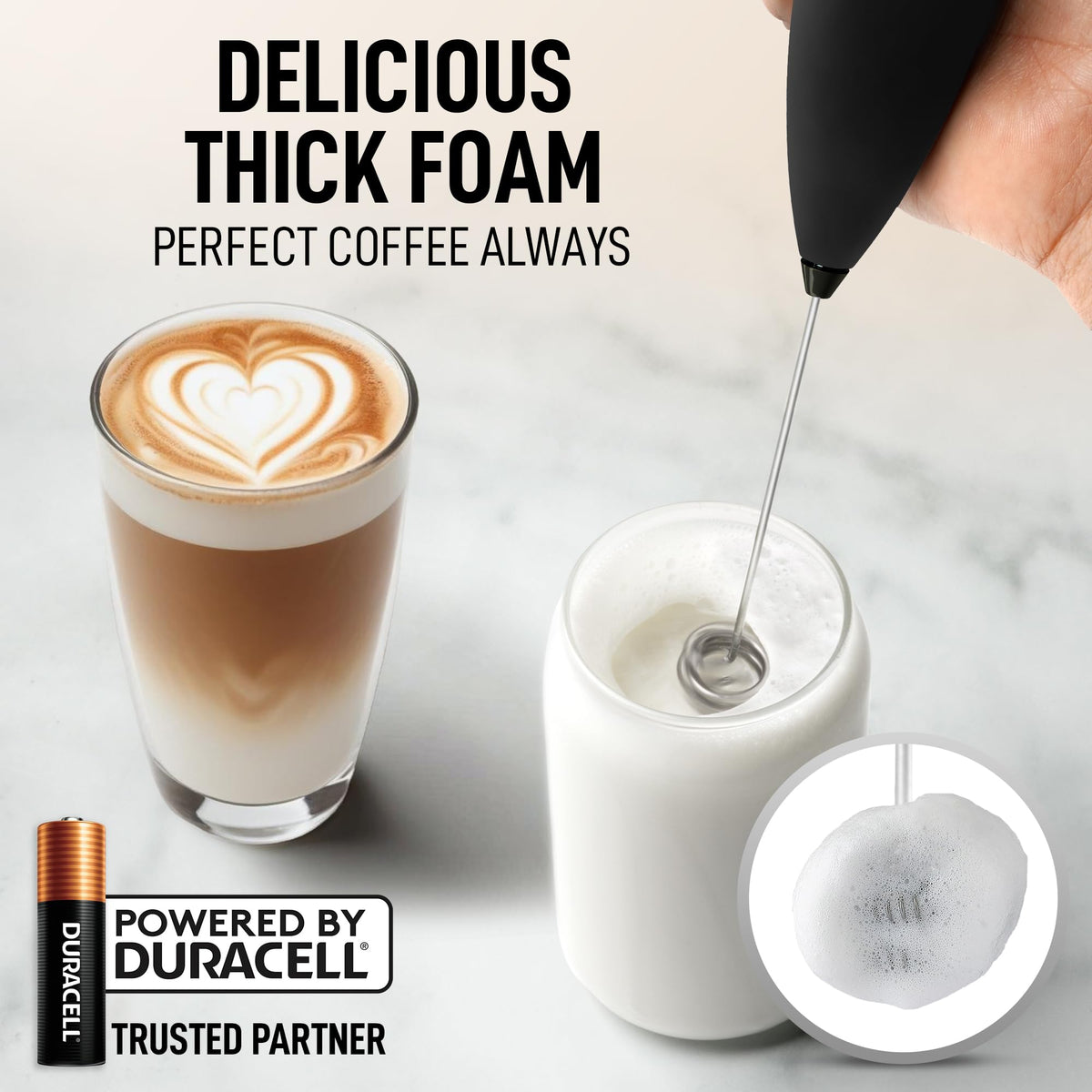 Zulay Kitchen handheld foam maker delivering rich microfoam for lattes and cappuccinos.