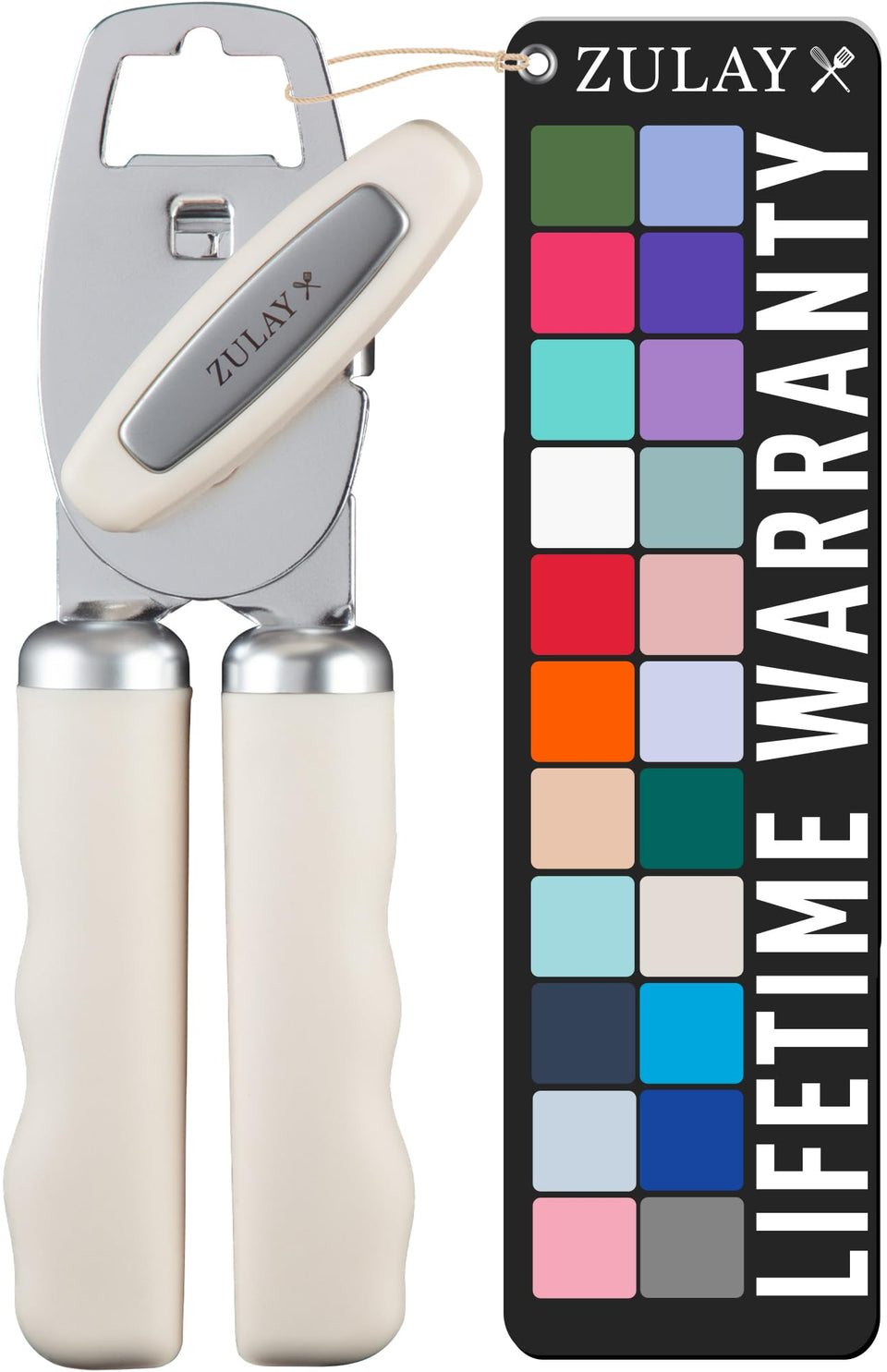 Zulay Kitchen heavy duty can opener cream body with rust-proof blades.