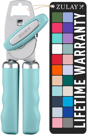 Zulay Kitchen heavy duty can opener in dusty blue, top view with ergonomic grip