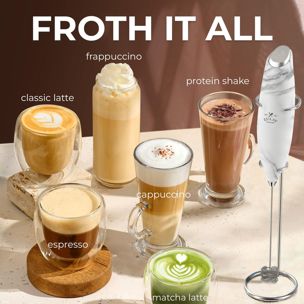 Zulay Kitchen hot chocolate foam rising in mug for a creamy treat.