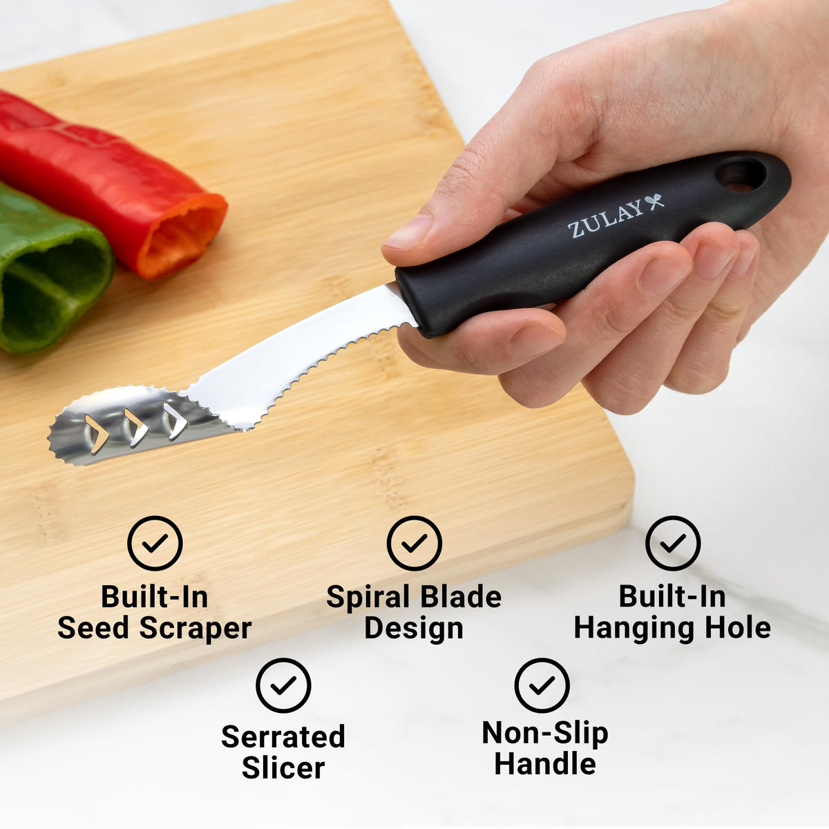 Zulay Kitchen jalapeno core during deseeding process showing clean core removal.