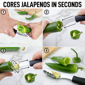 Zulay Kitchen jalapeno core with serrated blade in action slicing peppers.