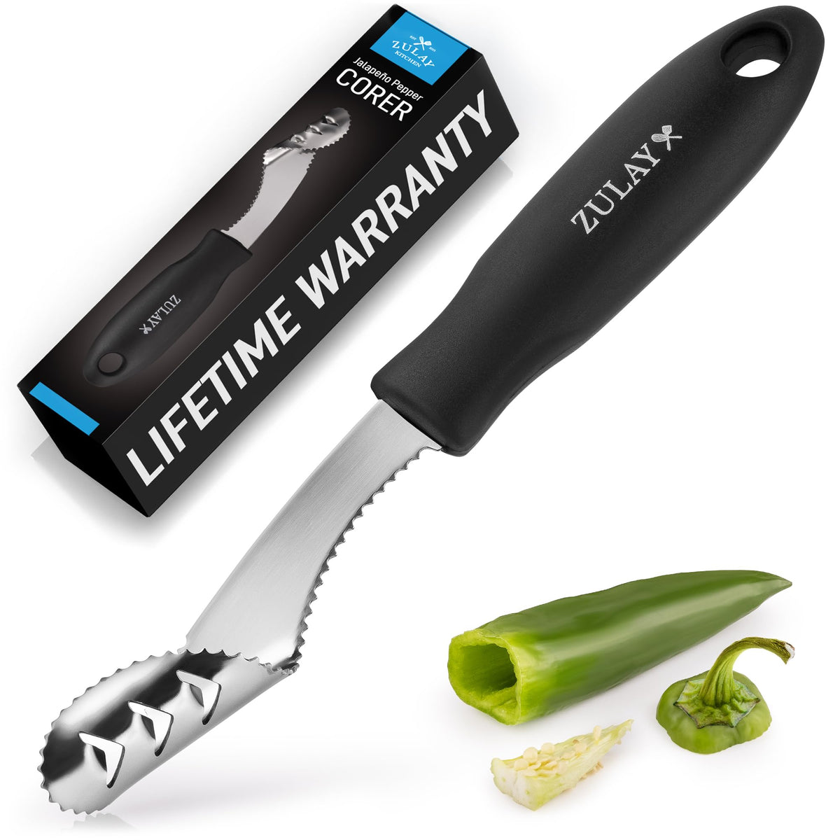 Zulay Kitchen jalapeno core tool viewed from top for quick deseeding.