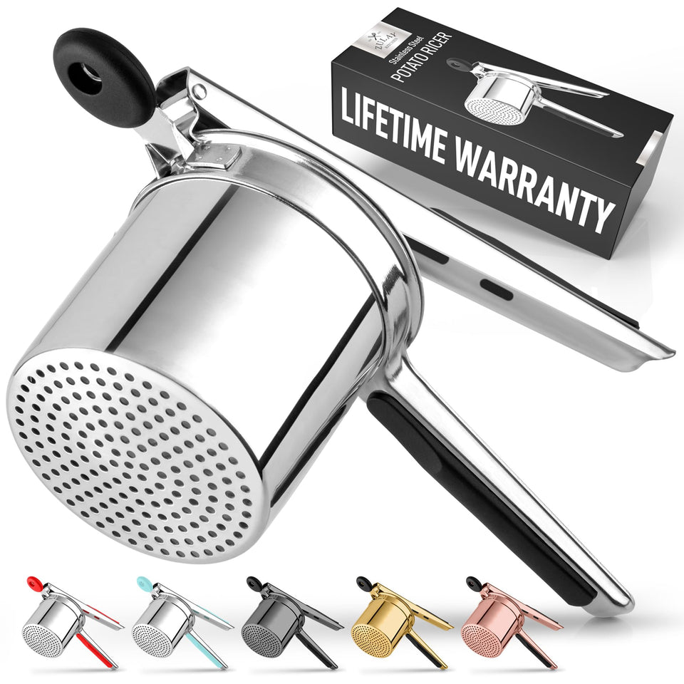 Zulay Kitchen 15oz potato ricer basket ready for family-sized mash, emphasizing capacity.