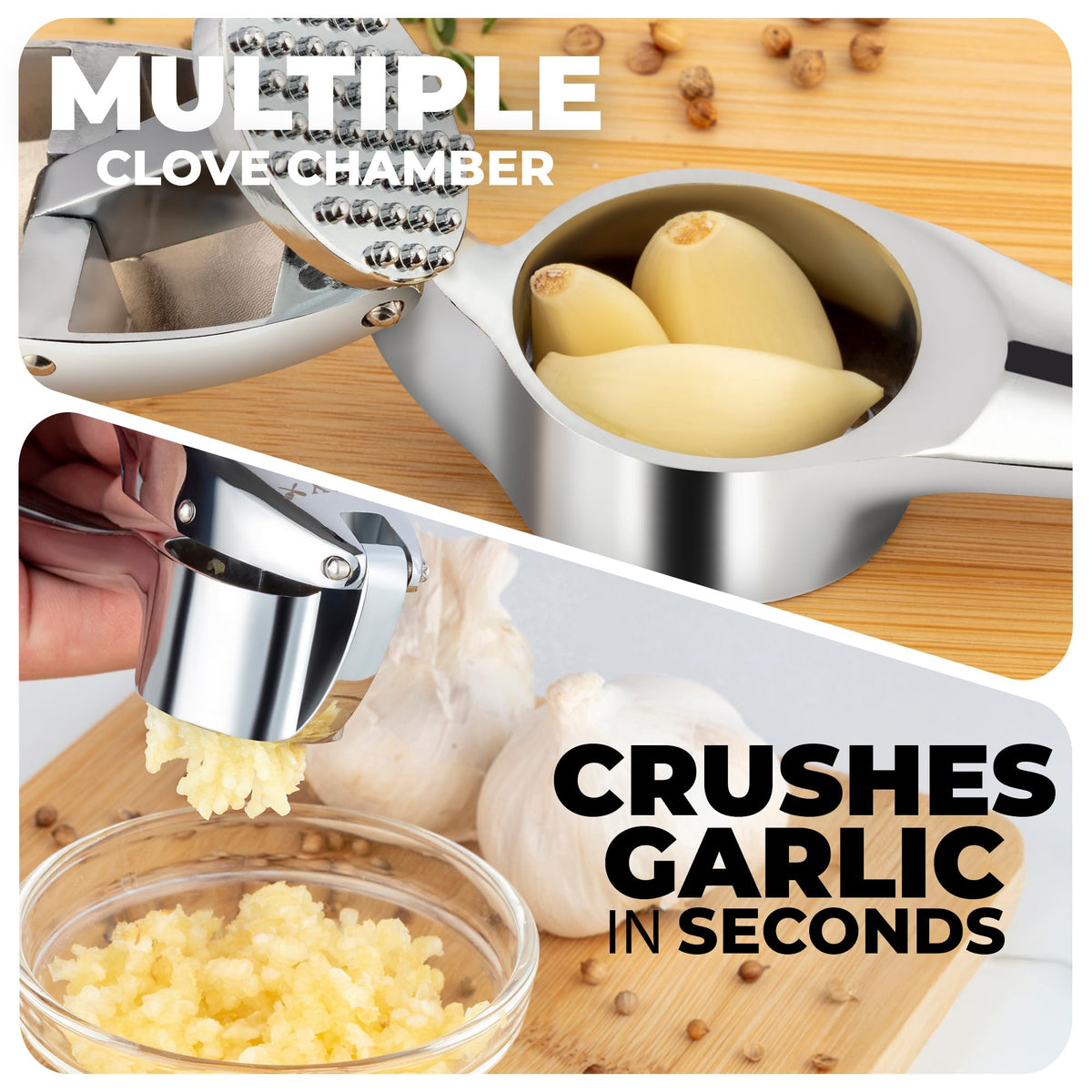 Zulay Kitchen garlic press with large chamber for multiple cloves.