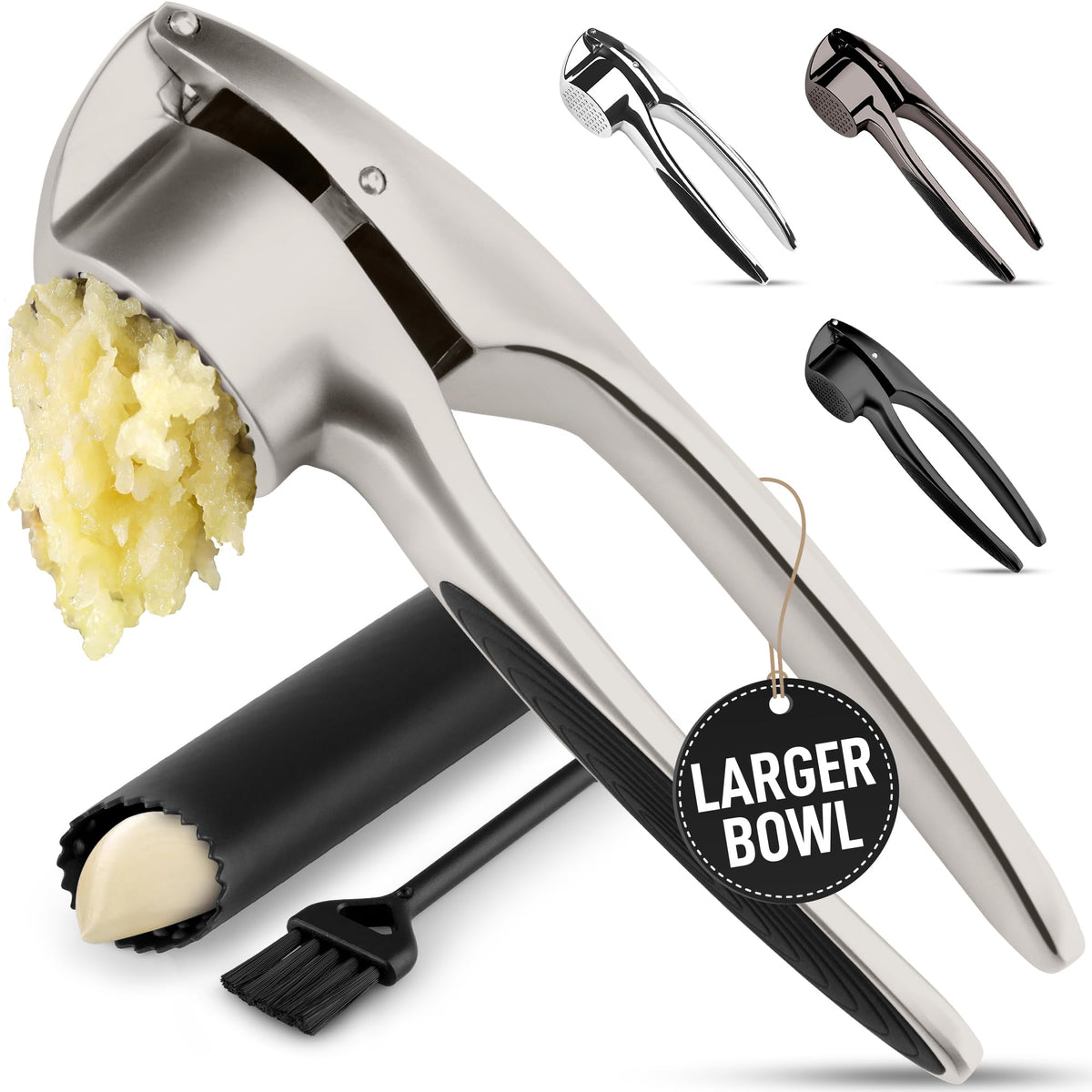 Zulay Kitchen large garlic press set close-up shows durable metal build for rich paste