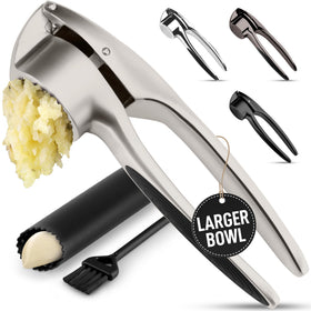 Zulay Kitchen large garlic press set close-up shows durable metal build for rich paste