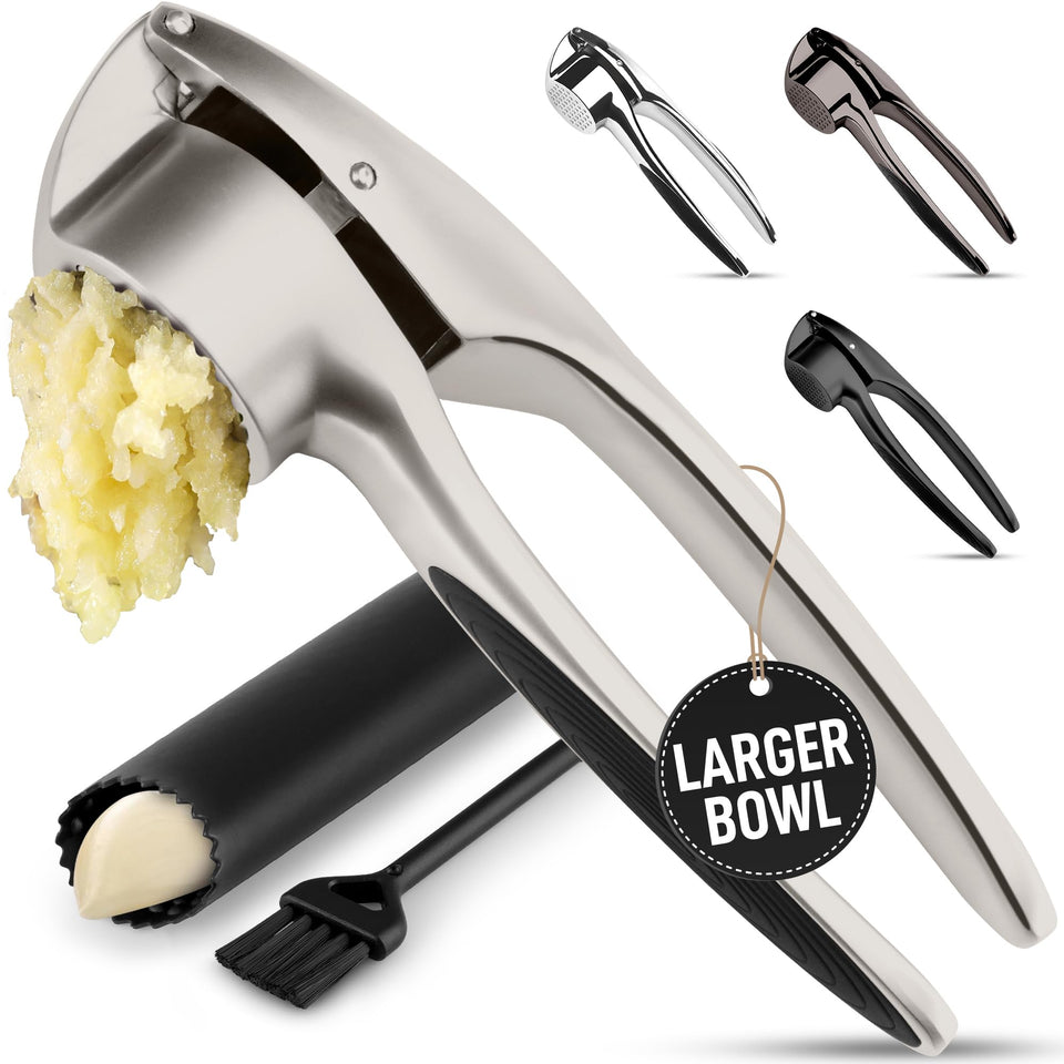 Zulay Kitchen large garlic press set close-up shows durable metal build for rich paste