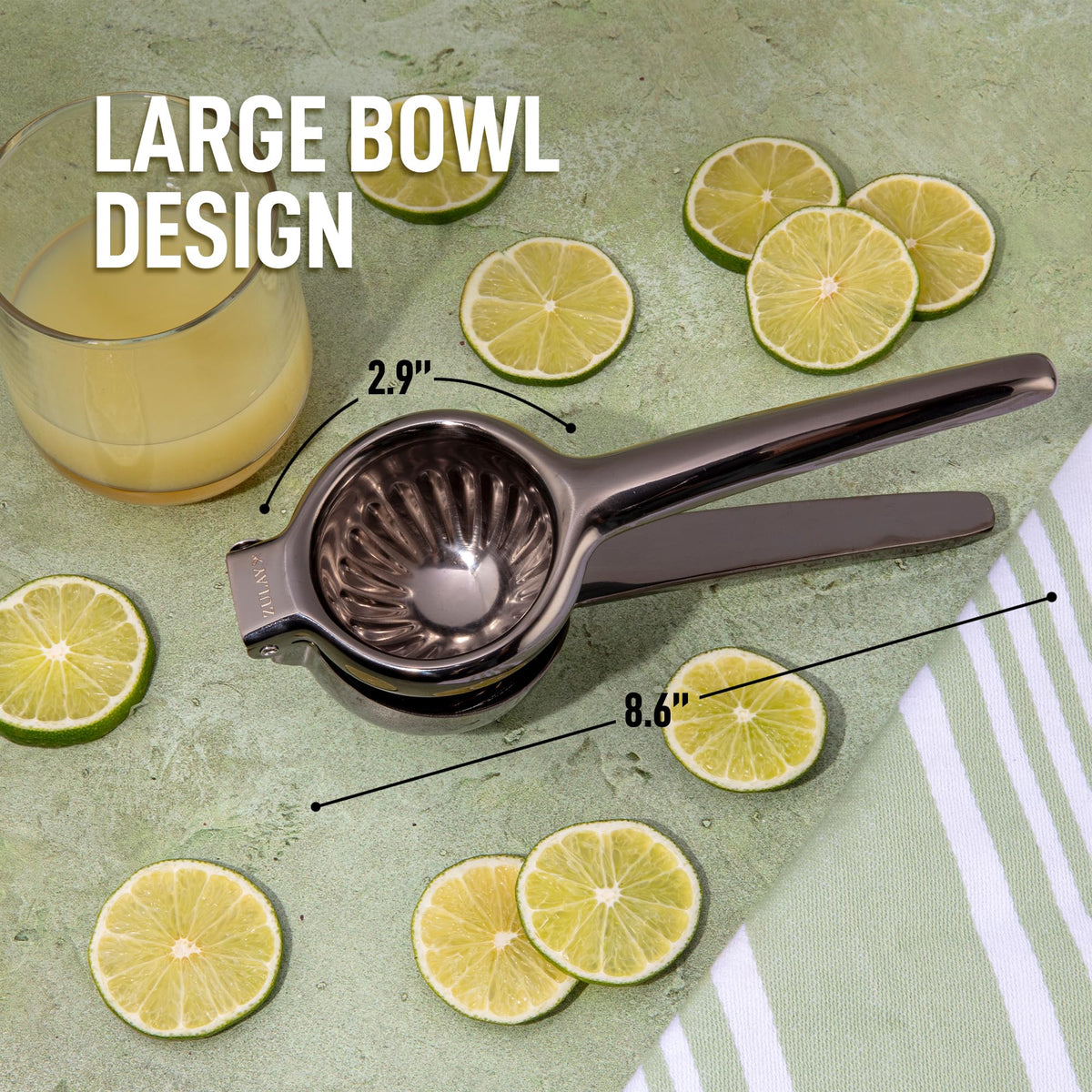 Zulay Kitchen lemon squeezer heavy-duty bowl handles large citrus with ease.