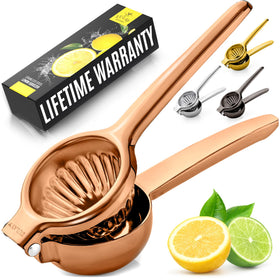 Zulay Kitchen lemon squeezer rose gold body for smooth, seed-free citrus extraction.