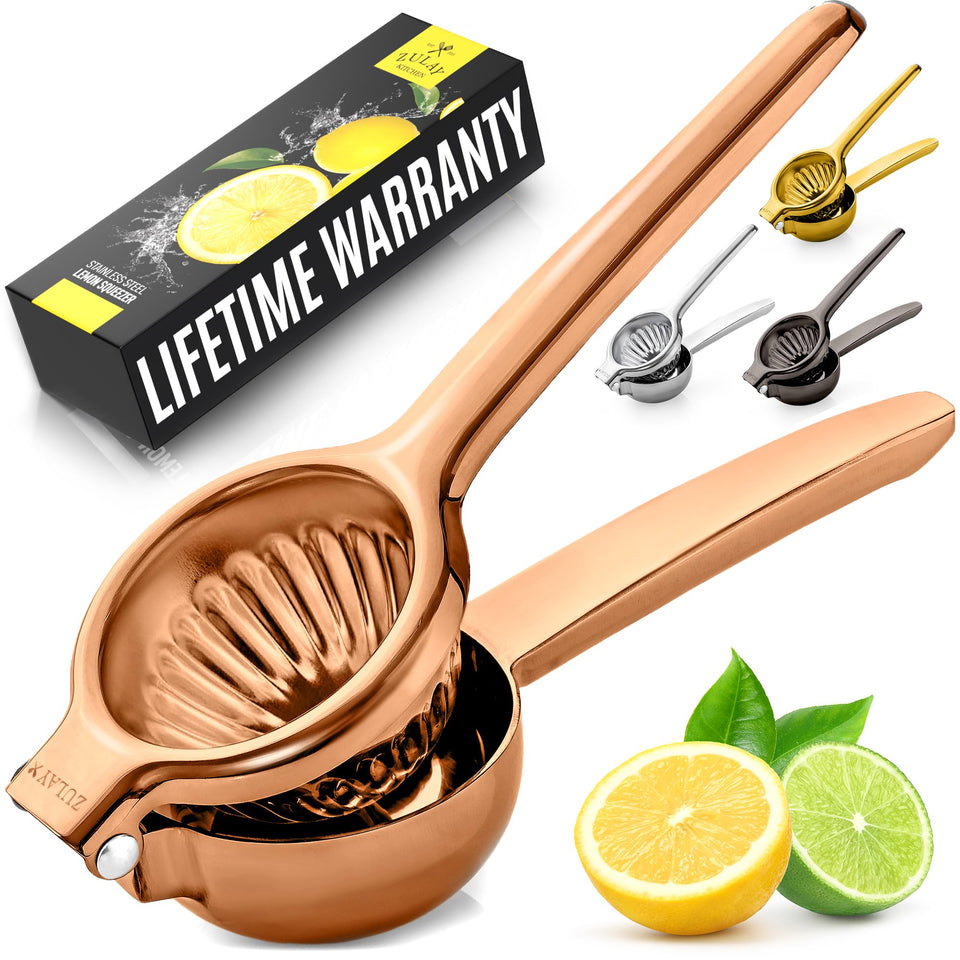 Zulay Kitchen lemon squeezer rose gold body for smooth, seed-free citrus extraction.
