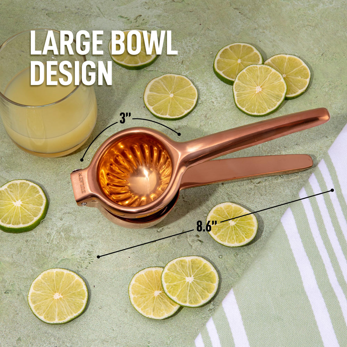 Zulay Kitchen lemon squeezer rose gold handle provides comfortable grip during pressing.