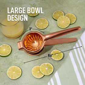 Zulay Kitchen lemon squeezer rose gold handle provides comfortable grip during pressing.