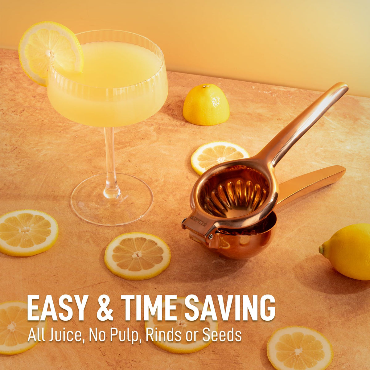 Zulay Kitchen rose gold press bowl captures juice efficiently with sturdy stainless steel.