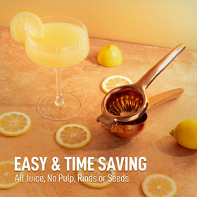 Zulay Kitchen rose gold press bowl captures juice efficiently with sturdy stainless steel.