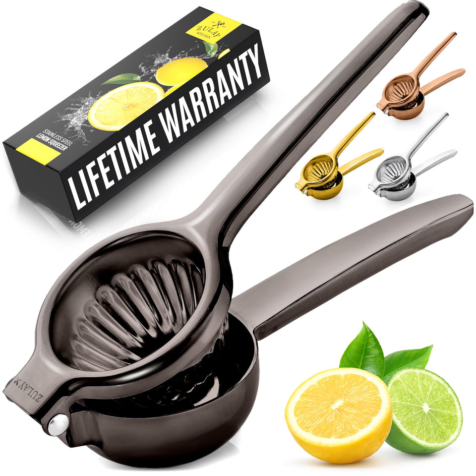 Zulay Kitchen lemon squeezer with stainless-steel press for seed-free juice.