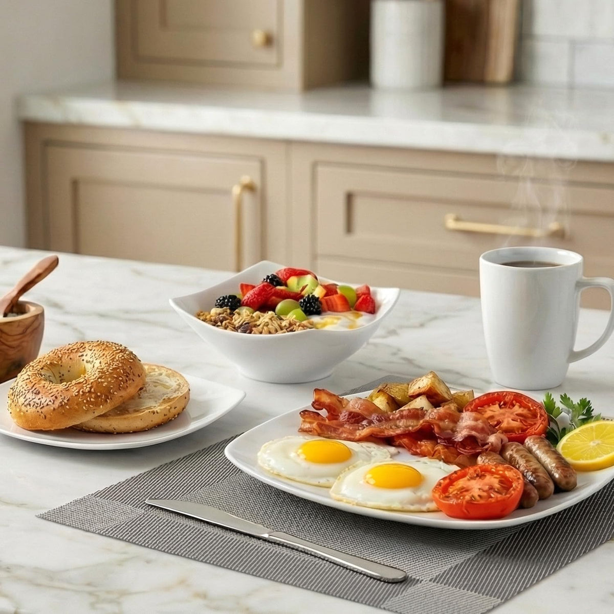 Stackable Luna porcelain dishes save cabinet space.