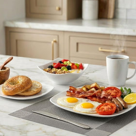 Stackable Luna porcelain dishes save cabinet space.