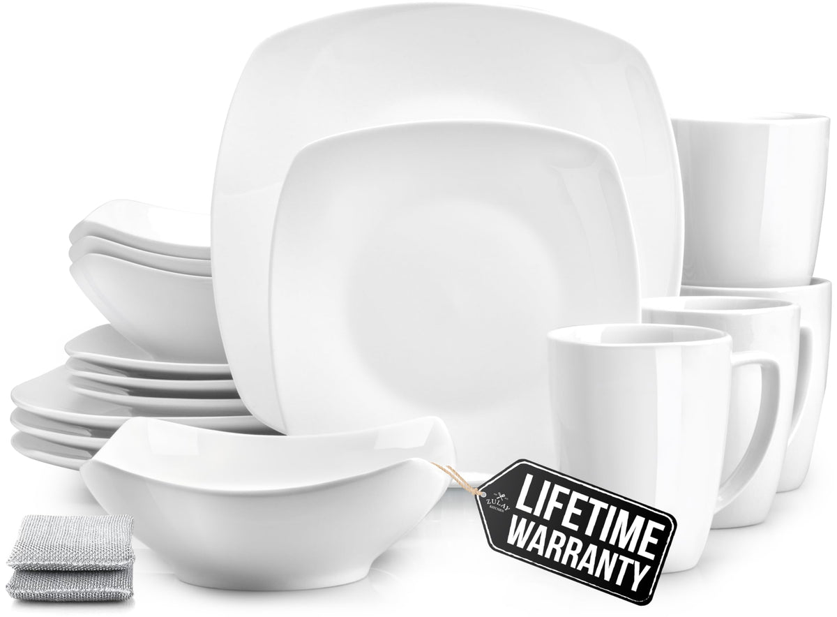 Zulay Kitchen Luna square plates in pearl white are durable porcelain.