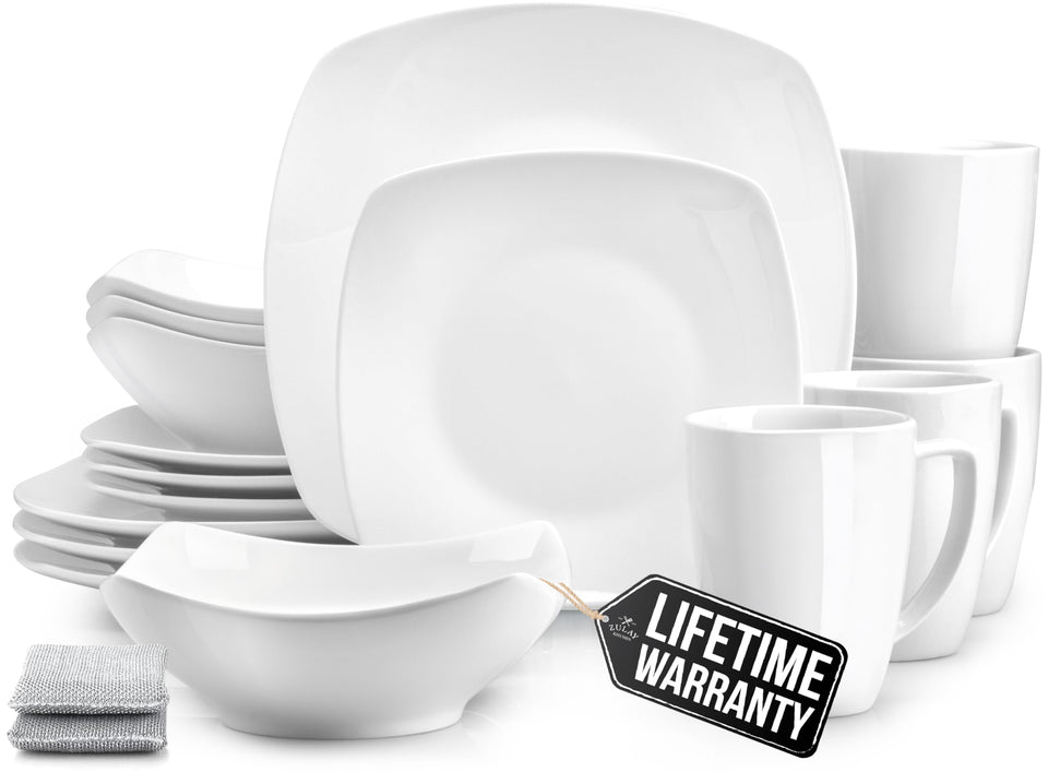 Zulay Kitchen Luna square plates in pearl white are durable porcelain.