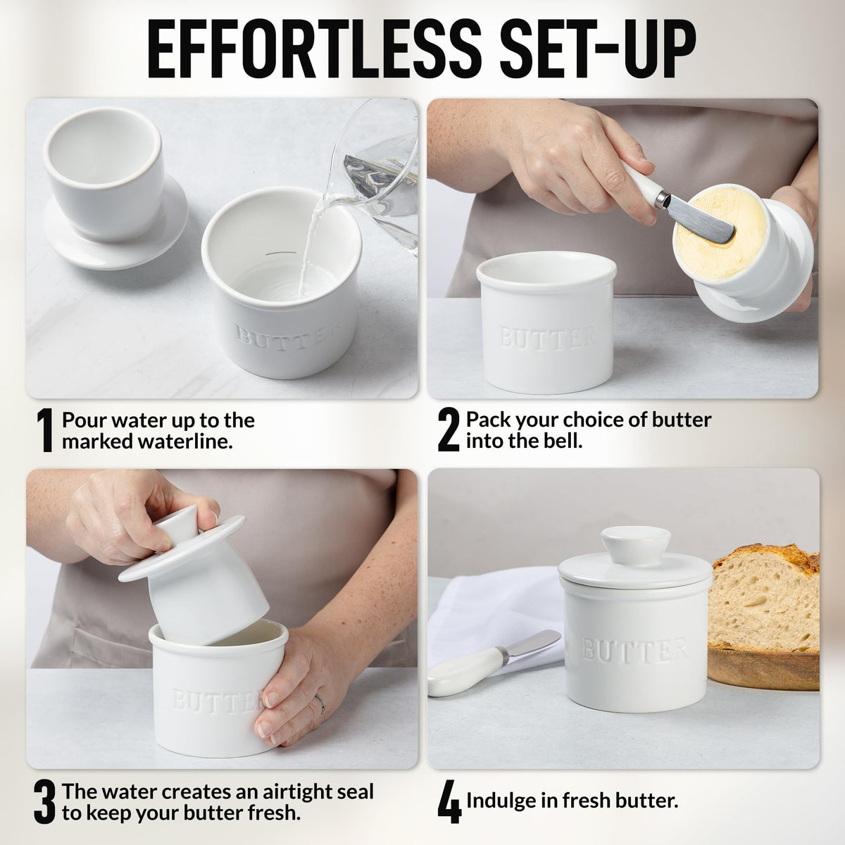 Zulay Kitchen butter crock shows marked water line for accurate filling