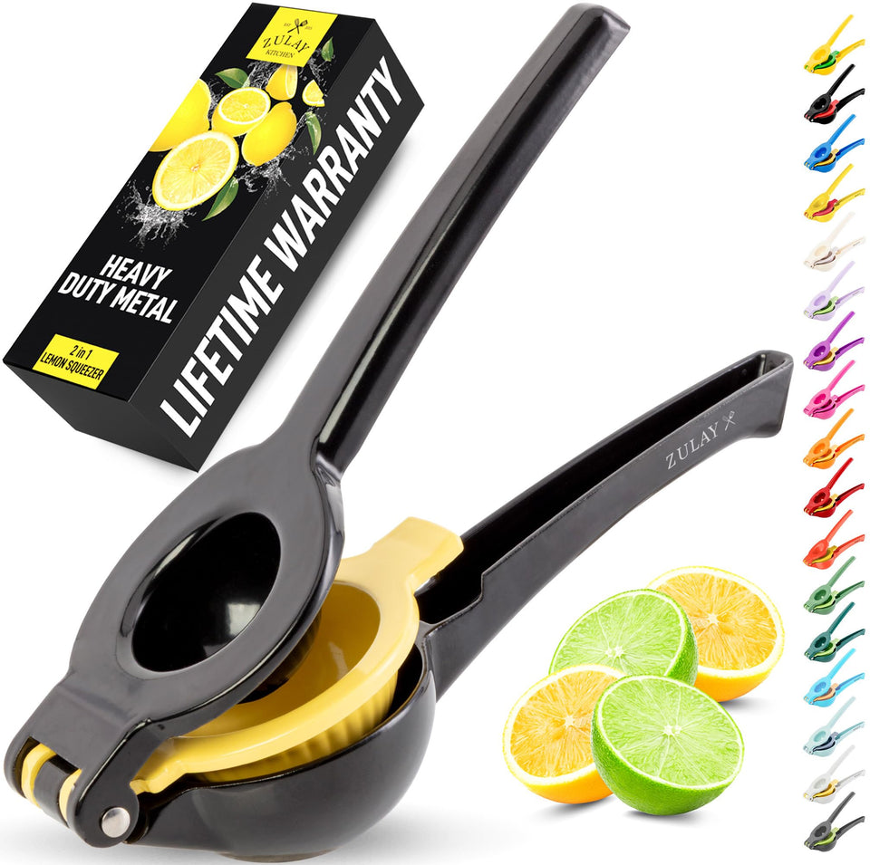 Zulay Kitchen metal 2-in-1 lemon squeezer with sturdy bowl for maximum juice extraction.