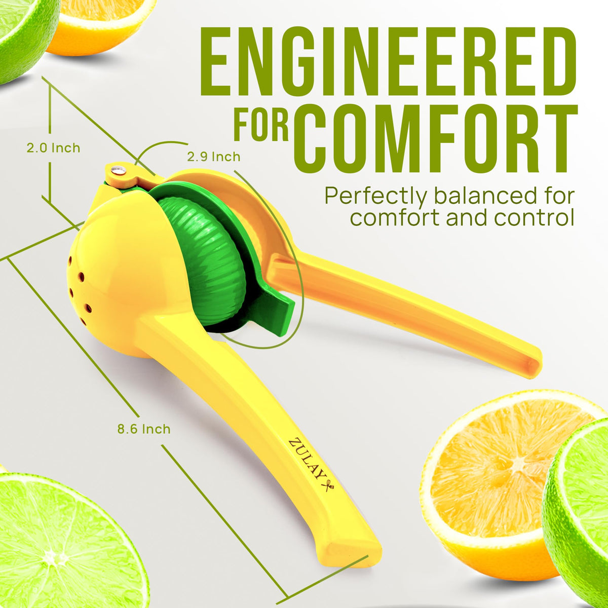 Zulay Kitchen 2-in-1 squeezer ergonomic handle for comfortable squeezing.