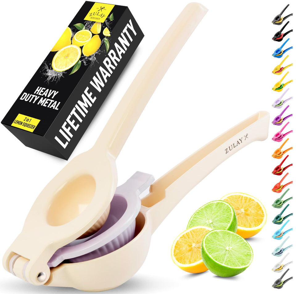 Zulay Kitchen 2-in-1 lemon squeezer with half lemon in bowl for quick juice.