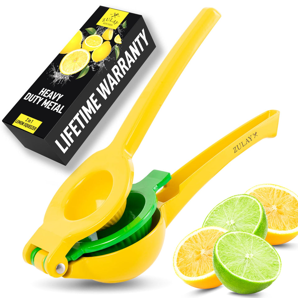 Zulay Kitchen 2-in-1 lemon squeezer in use for fresh citrus juice at home.