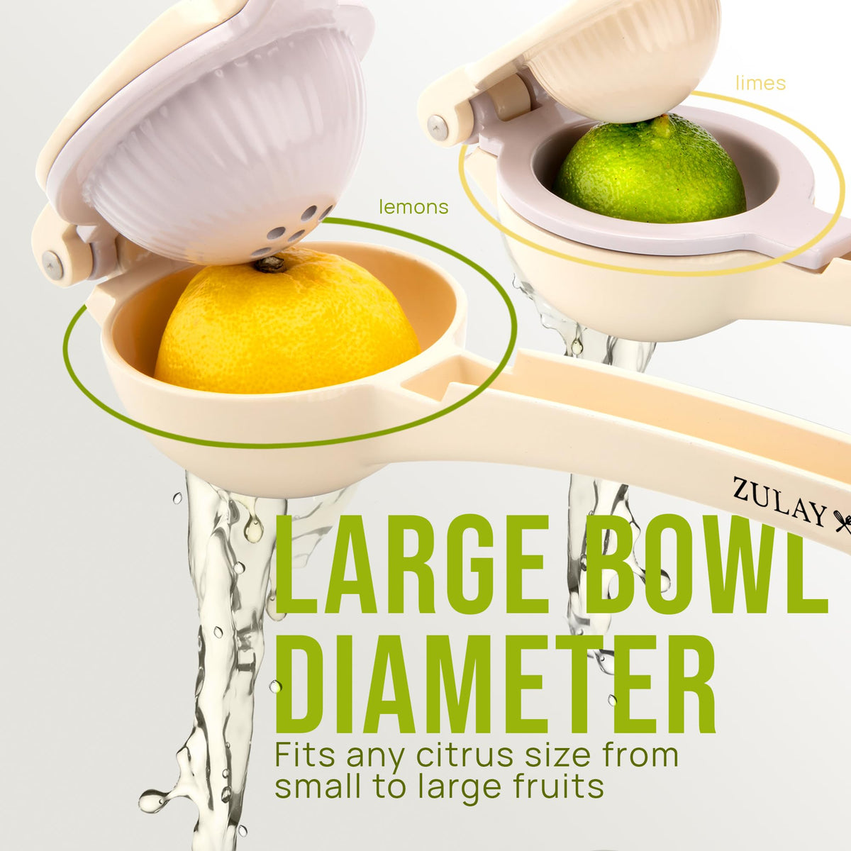 Zulay Kitchen metal 2-in-1 squeezer dispensing juice into a glass.