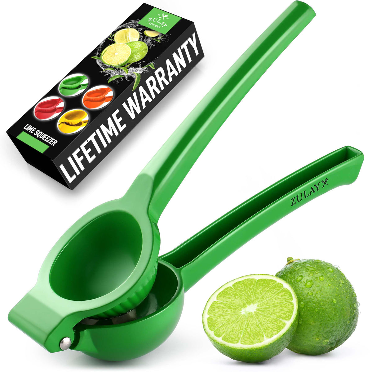 Zulay Kitchen metal lime squeezer in hand-press action for quick citrus juice.