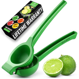 Zulay Kitchen metal lime squeezer in hand-press action for quick citrus juice.