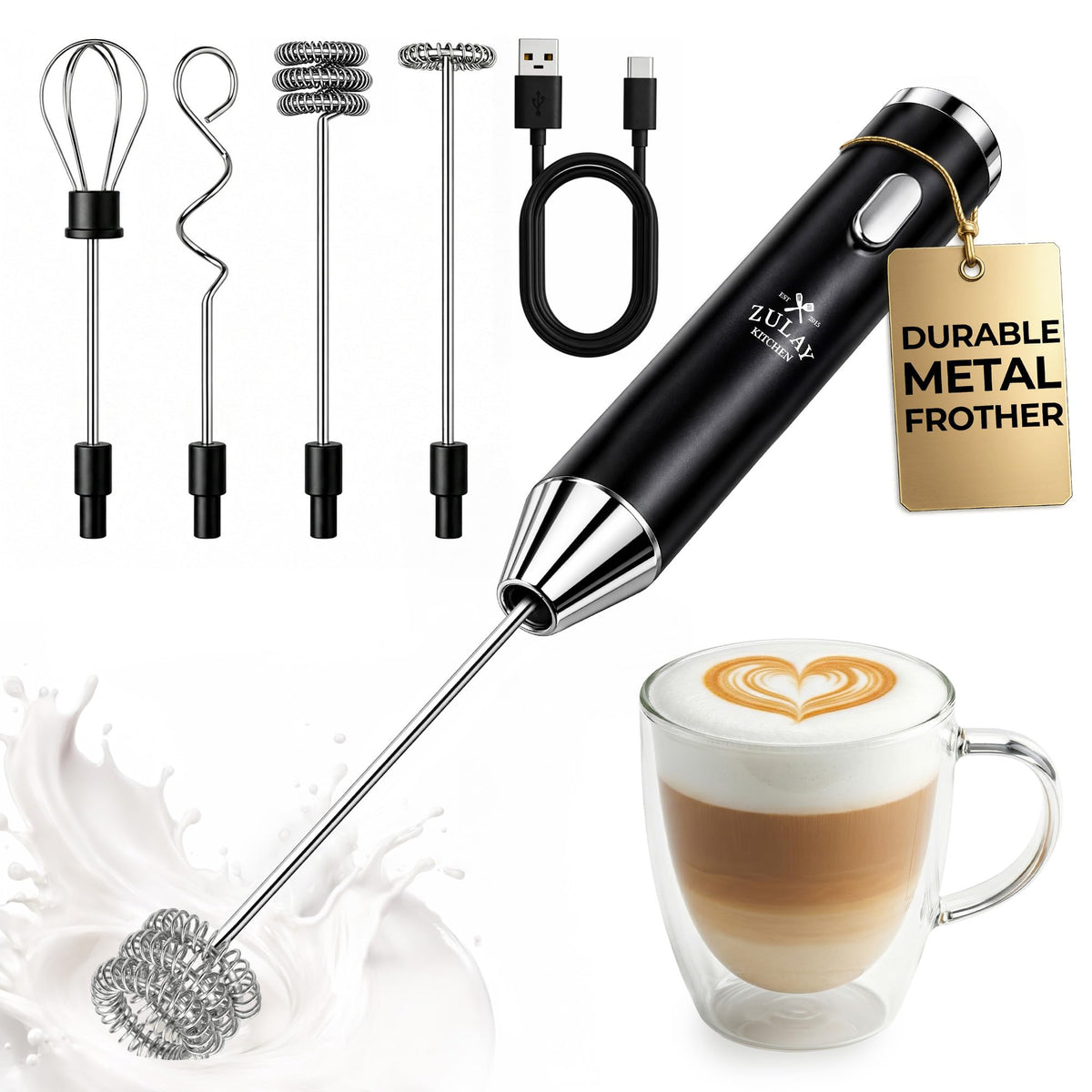 Zulay Kitchen frother attachments displayed for versatile drinks and textures