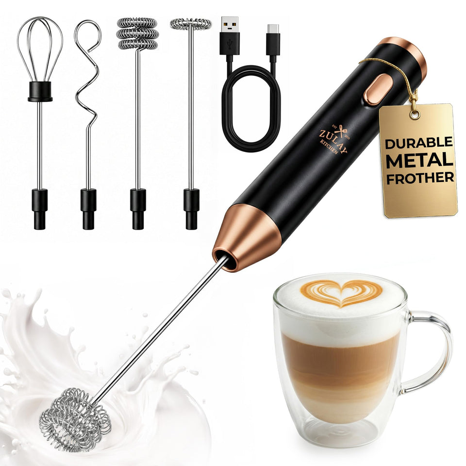 Zulay Kitchen metal rechargeable milk frother main unit for café-style drinks at home.